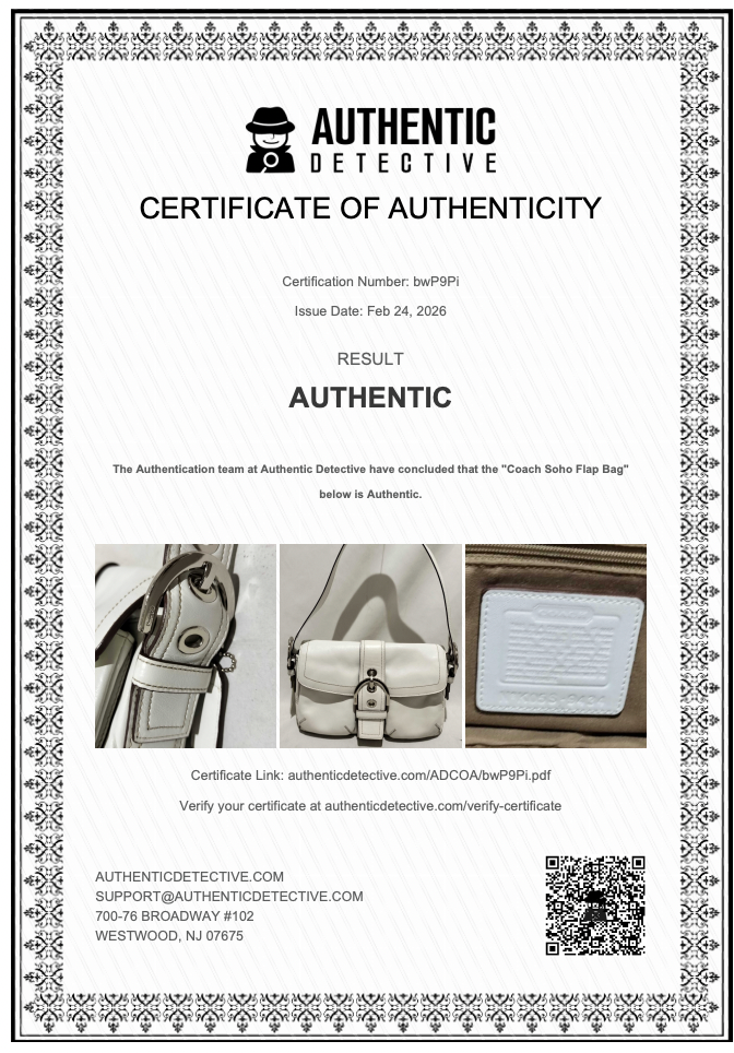 Certificate of Authenticity from Authentic Detective for a Coach handbag.