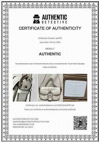 Certificate of Authenticity from Authentic Detective for a Coach handbag.