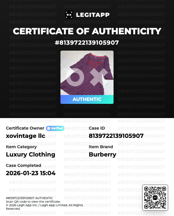 LegitAPP certificate of authenticity for a Burberry item with a QR code.