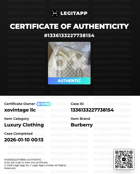 LegitAPP certificate of authenticity for a Burberry item with a QR code.