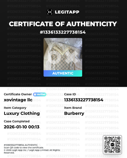 LegitAPP certificate of authenticity for a Burberry item with a QR code.
