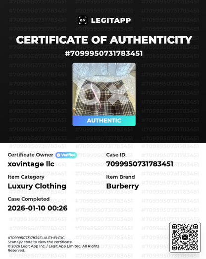 LegitAPP certificate of authenticity for a Burberry item with a QR code on a black background.