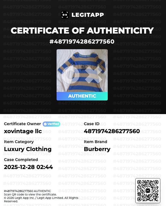 LegitAPP certificate of authenticity for a Burberry item with a QR code.