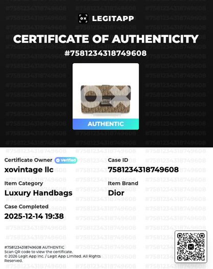Dior handbag certificate of authenticity with brand logo and authentication details.