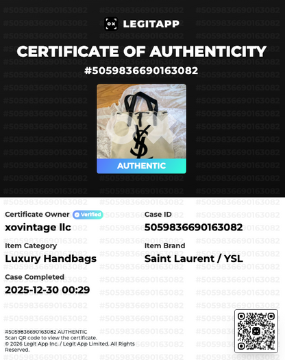 Saint Laurent YSL handbag certificate of authenticity with brand logo.