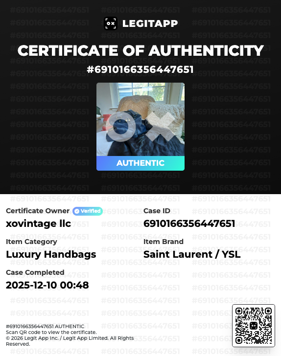 Legitapp certificate of authenticity for a Saint Laurent/YSL luxury handbag with an image of the product.