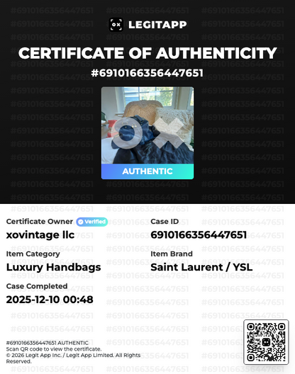 Legitapp certificate of authenticity for a Saint Laurent/YSL luxury handbag with an image of the product.