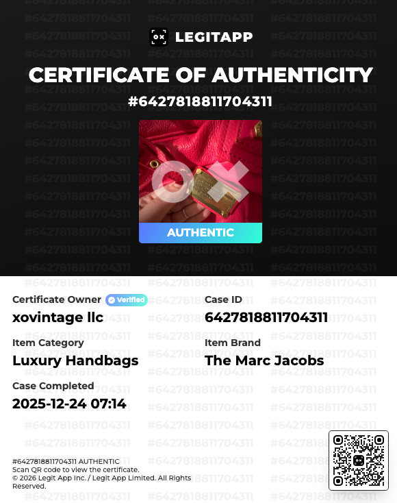 Certificate of Authenticity for a luxury handbag by The Marc Jacobs with LEGITAPP branding.
