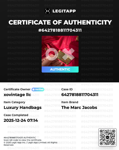 Certificate of Authenticity for a luxury handbag by The Marc Jacobs with LEGITAPP branding.