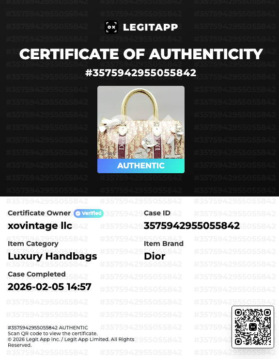 Certificate of Authenticity for a Dior handbag with product image and certification details.
