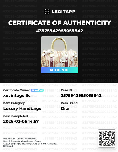 Certificate of Authenticity for a Dior handbag with product image and certification details.