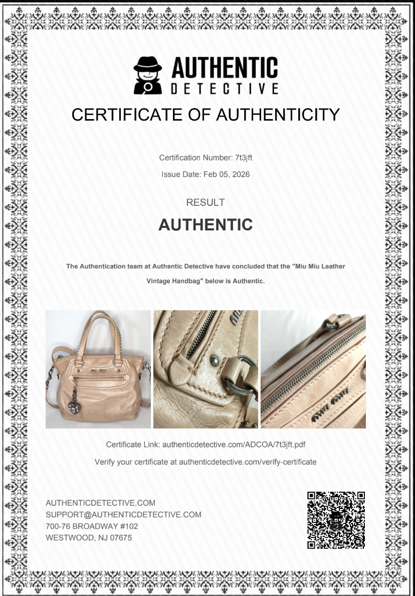 Certificate of Authenticity for a handbag with decorative border and product images.