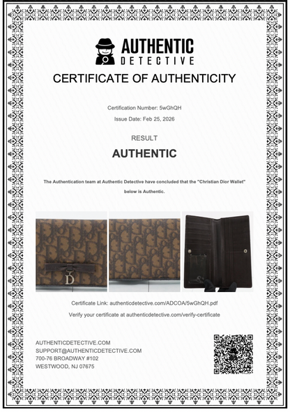 Certificate of Authenticity for a Christian Dior wallet with product images and certification details.