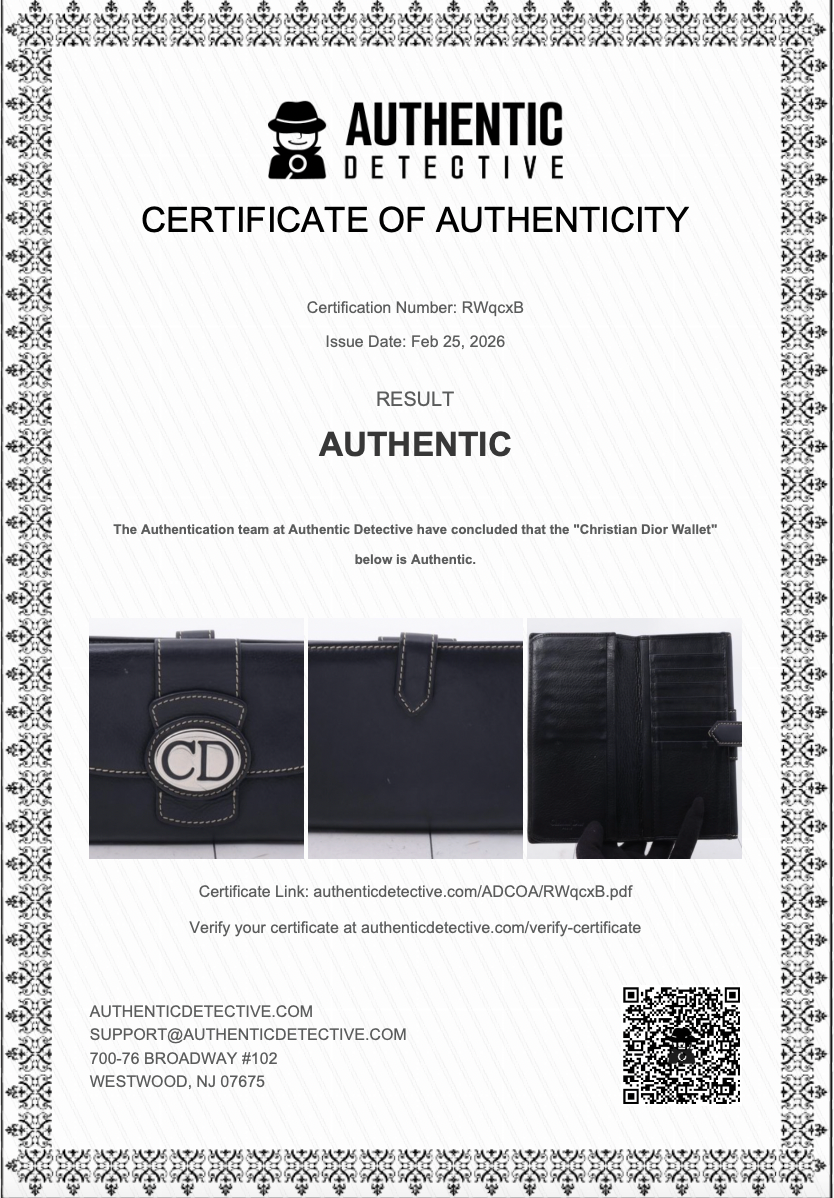 Certificate of Authenticity for a Christian Dior wallet with decorative border and product image.