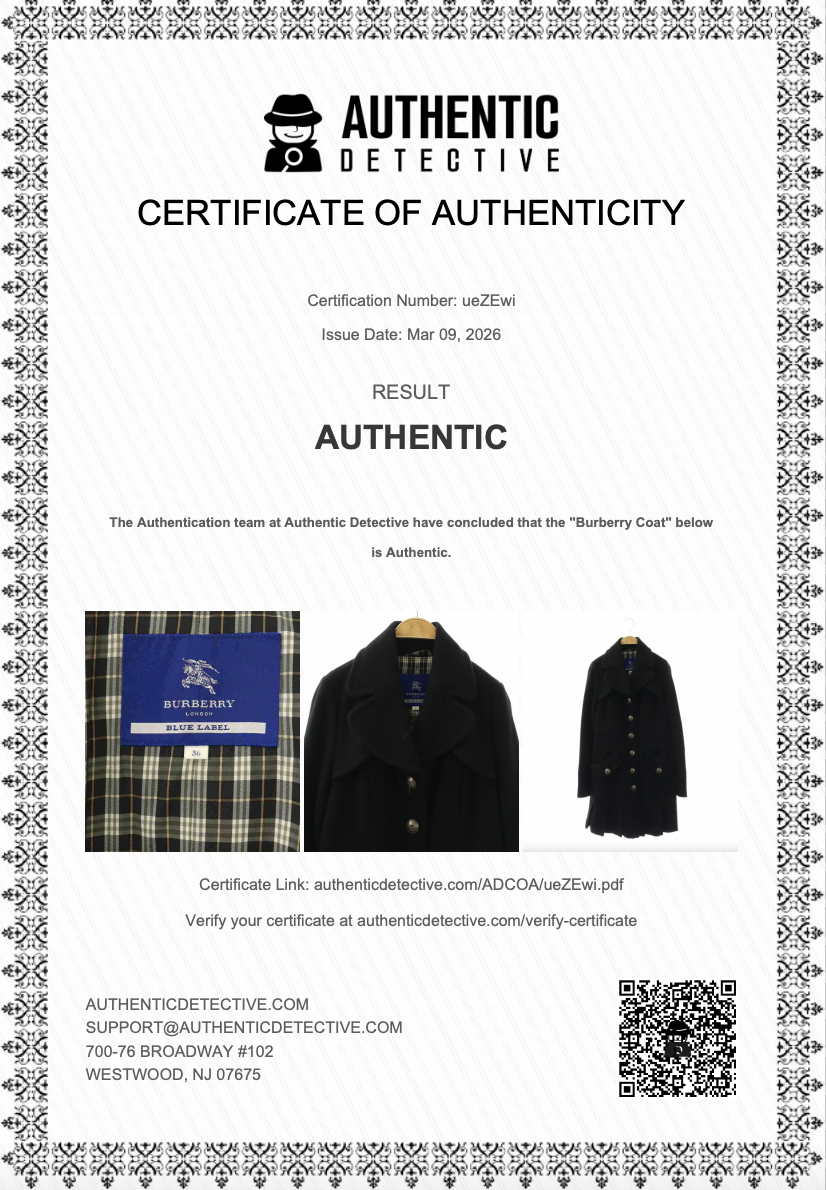 Certificate of Authenticity for a Burberry coat with brand logo and text.
