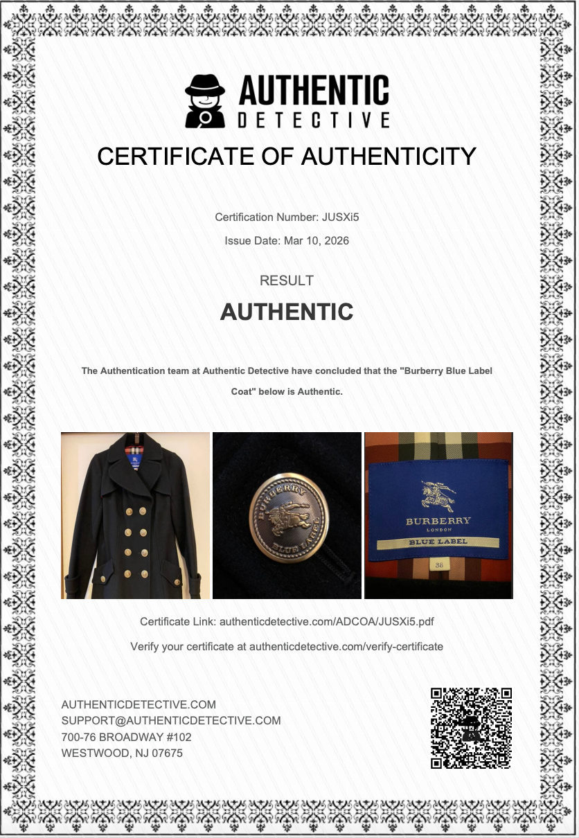 authenticdetective certificate for a burberry blue label coat