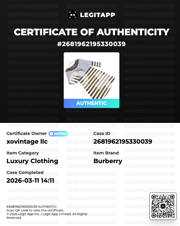 LegitAPP certificate of authenticity for a Burberry item with a striped shirt image.