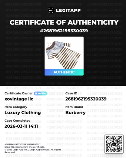 LegitAPP certificate of authenticity for a Burberry item with a striped shirt image.