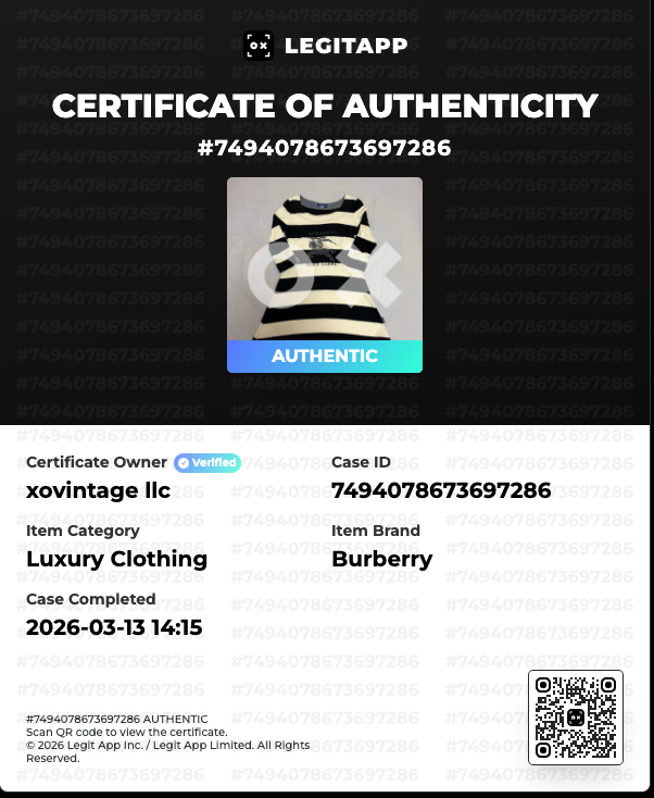 LegitAPP certificate of authenticity for a Burberry item with a black and white striped dress.