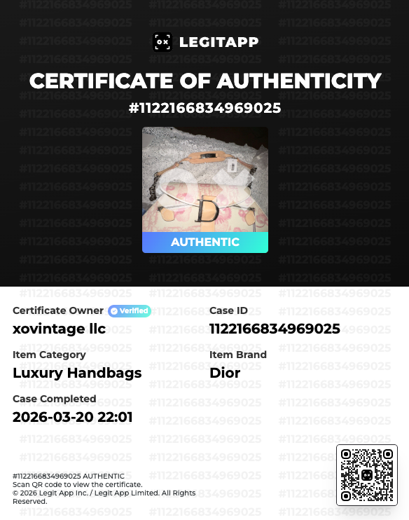 Certificate of Authenticity for a Dior handbag with visible branding and QR code.