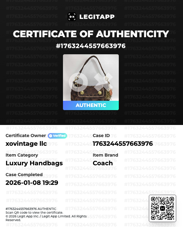 LegitAPP certificate of authenticity for a Coach luxury handbag with a QR code.