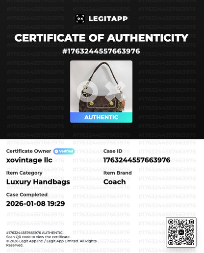 LegitAPP certificate of authenticity for a Coach luxury handbag with a QR code.