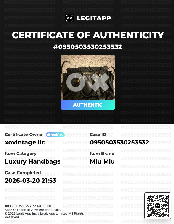 Certificate of Authenticity for a Miu Miu handbag with LEGITAPP branding.