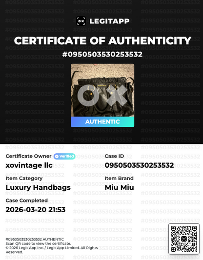Certificate of Authenticity for a Miu Miu handbag with LEGITAPP branding.