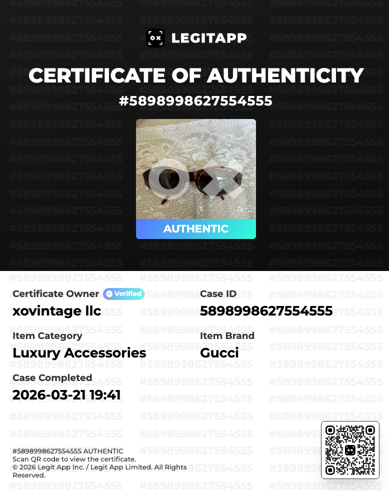 Certificate of Authenticity for Gucci luxury accessories with a QR code and 'LegitApp' branding.