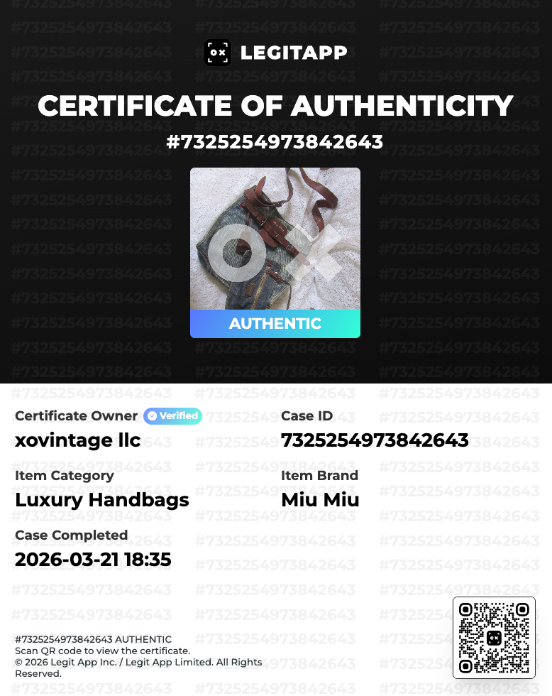 Certificate of Authenticity for a Miu Miu luxury handbag with visible branding and QR code.