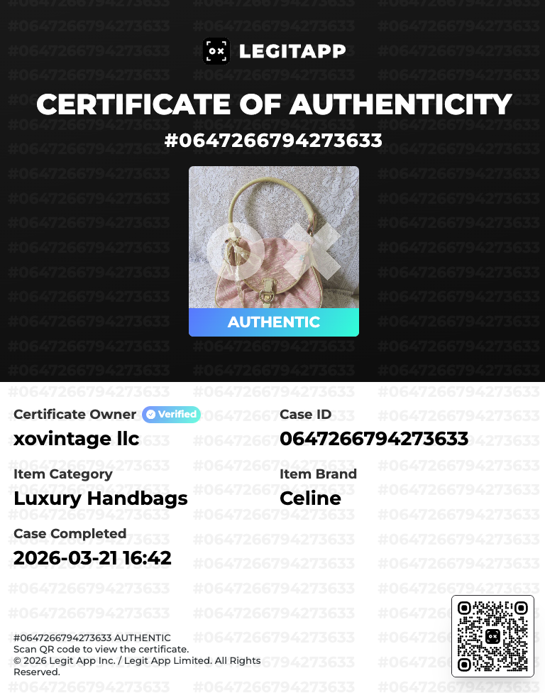 Certificate of Authenticity for a Celine handbag with visible branding and QR code.