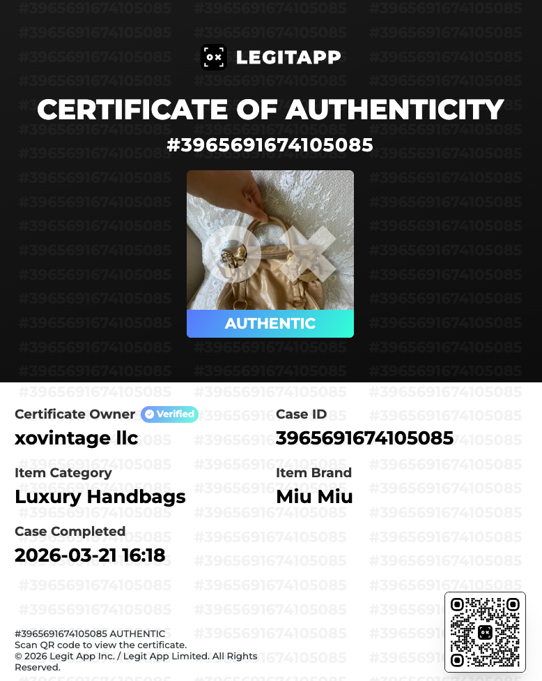 Certificate of Authenticity for a Miu Miu handbag with a QR code on a black background.