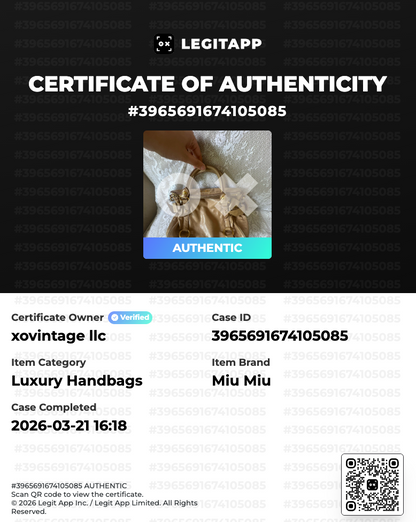 Certificate of Authenticity for a Miu Miu handbag with a QR code on a black background.