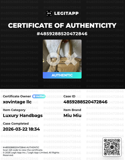 Miu Miu luxury handbag certificate of authenticity with case ID and QR code.