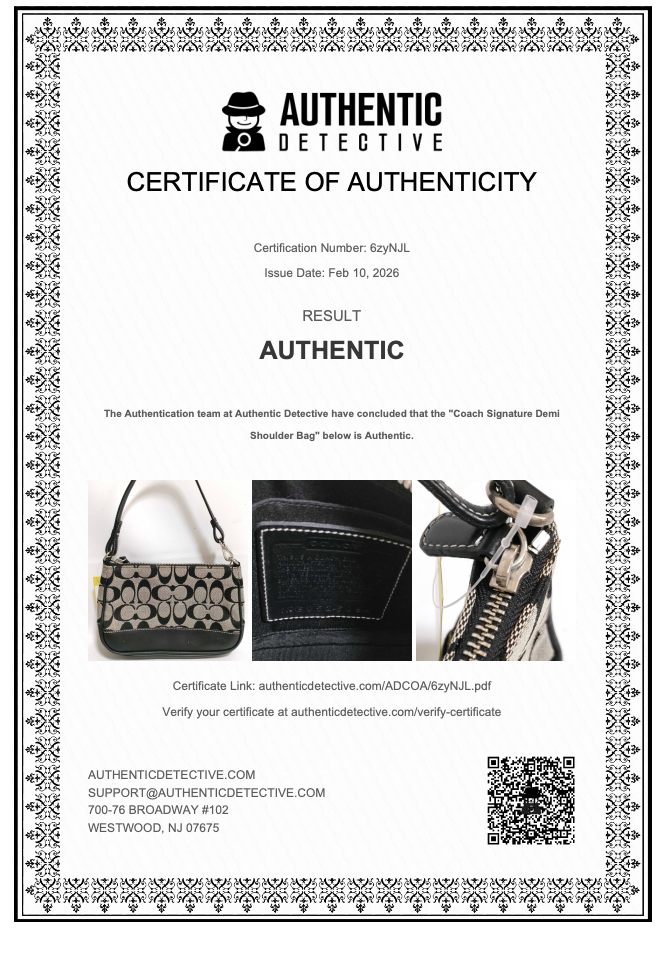 Certificate of Authenticity for a Coach Signature Denim Shoulder Bag with decorative border.