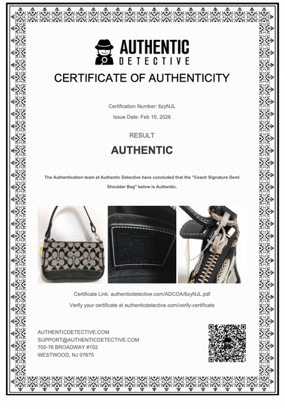 Certificate of Authenticity for a Coach Signature Denim Shoulder Bag with decorative border.