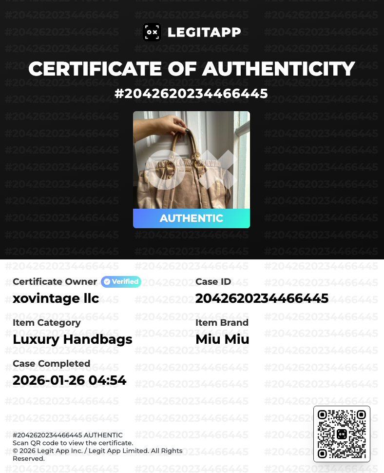 Certificate of Authenticity for a Miu Miu handbag with a visible QR code on a black background.