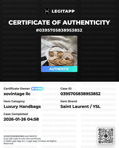 LegitApp certificate of authenticity for a Saint Laurent handbag with QR code.