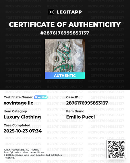 LegitApp certificate of authenticity for Emilio Pucci luxury clothing with QR code.