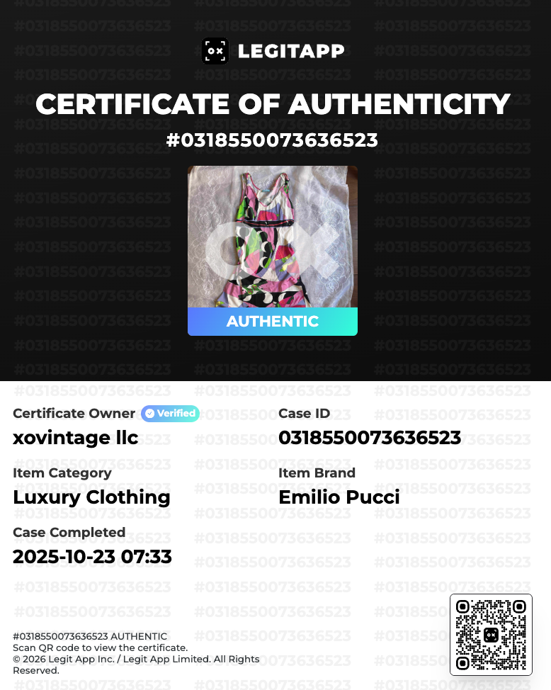 LegitAPP certificate of authenticity for Emilio Pucci luxury clothing with product image and details.