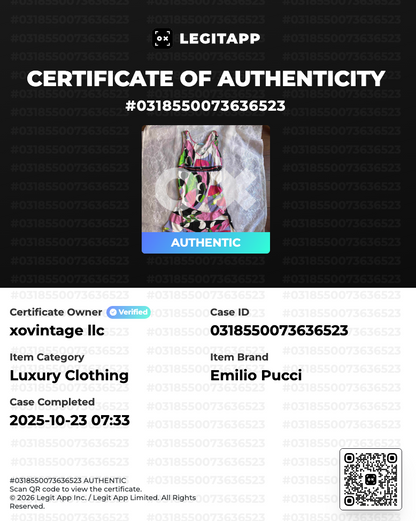 LegitAPP certificate of authenticity for Emilio Pucci luxury clothing with product image and details.