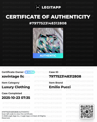 LegitAPP certificate of authenticity for Emilio Pucci luxury clothing with QR code.