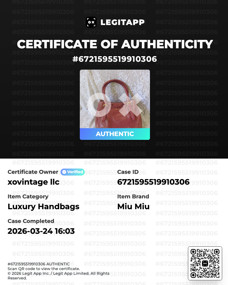 Certificate of Authenticity for a Miu Miu handbag using the LegitApp platform.