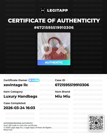Certificate of Authenticity for a Miu Miu handbag using the LegitApp platform.