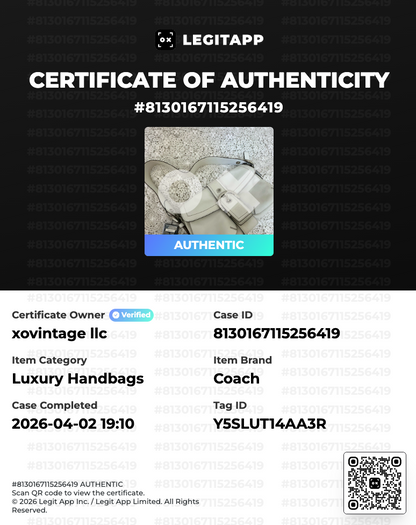 Certificate of Authenticity for a Coach handbag with verification details.