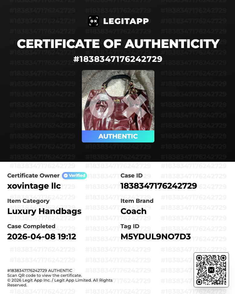 Certificate of Authenticity for a luxury handbag with branding and verification details.