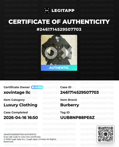 LegitAPP certificate of authenticity for a Burberry item with a QR code.