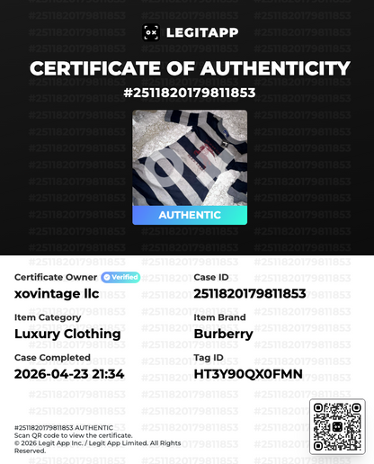 LegitAPP certificate of authenticity for a Burberry item with product image and details.