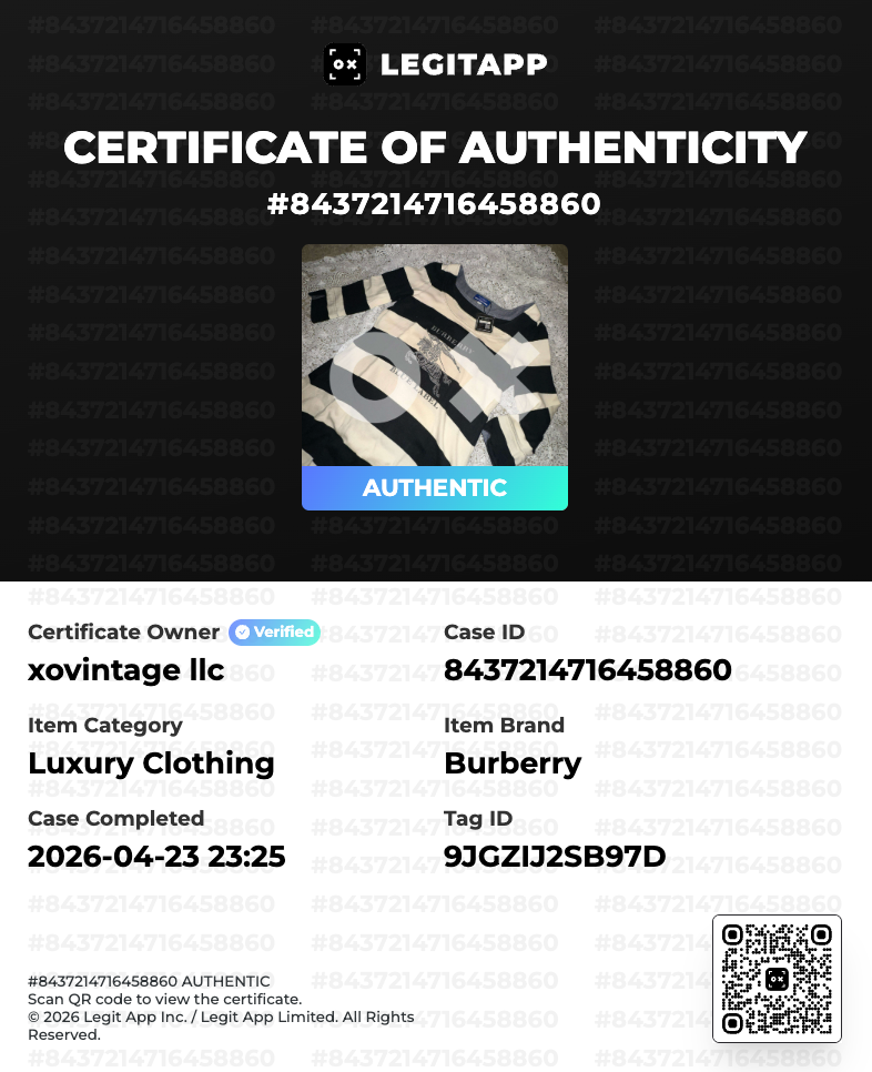 LegitApp certificate of authenticity for a Burberry item with product image and QR code.