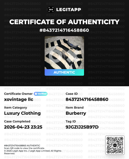 LegitApp certificate of authenticity for a Burberry item with product image and QR code.